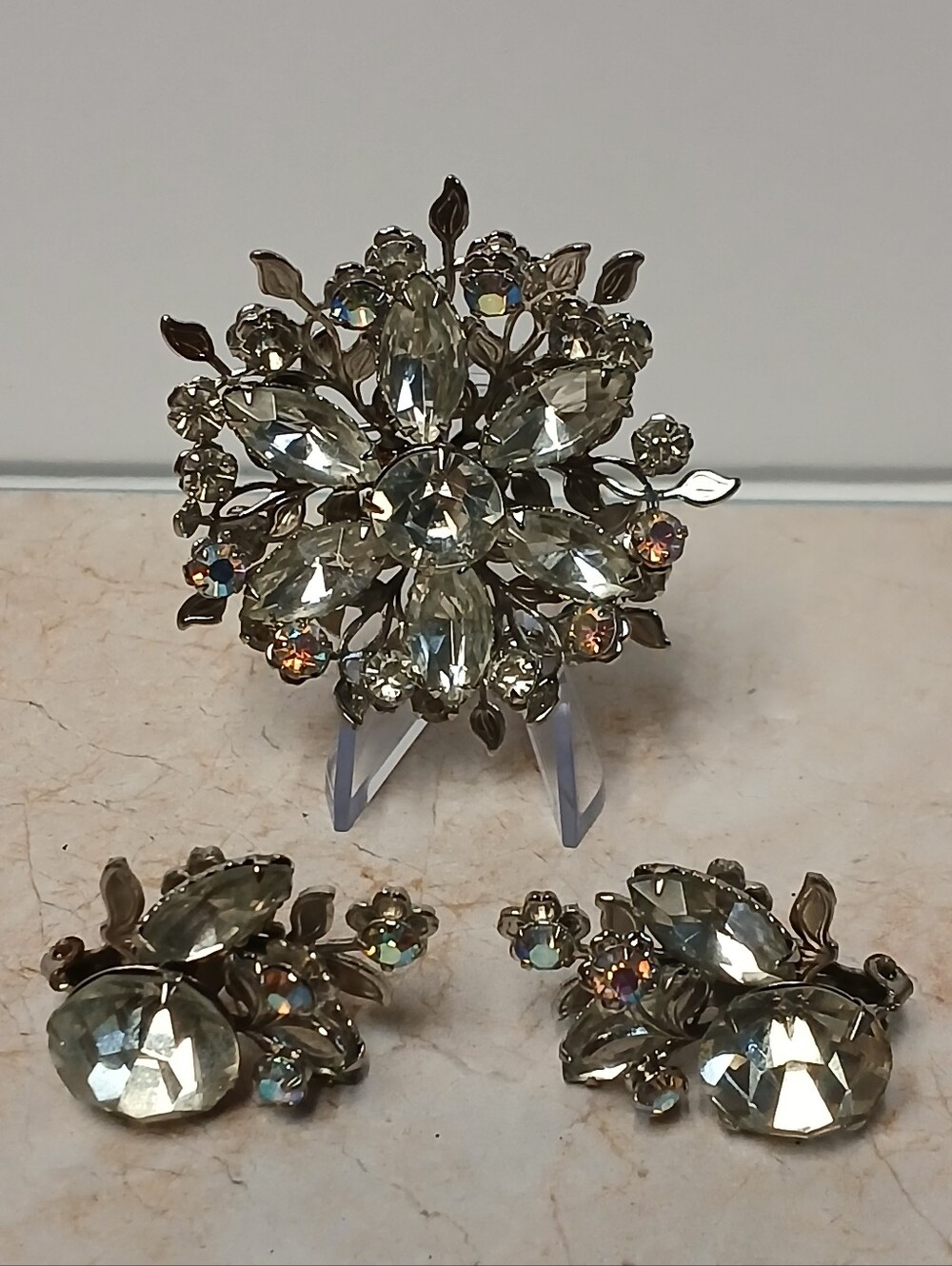 Vintage Rhinestone Floral Brooch and Earrings Set - Clear Crystal